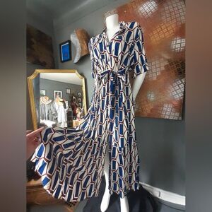 Nwot Zara Geometric Blue, Burgundy and Cream Maxi Dress